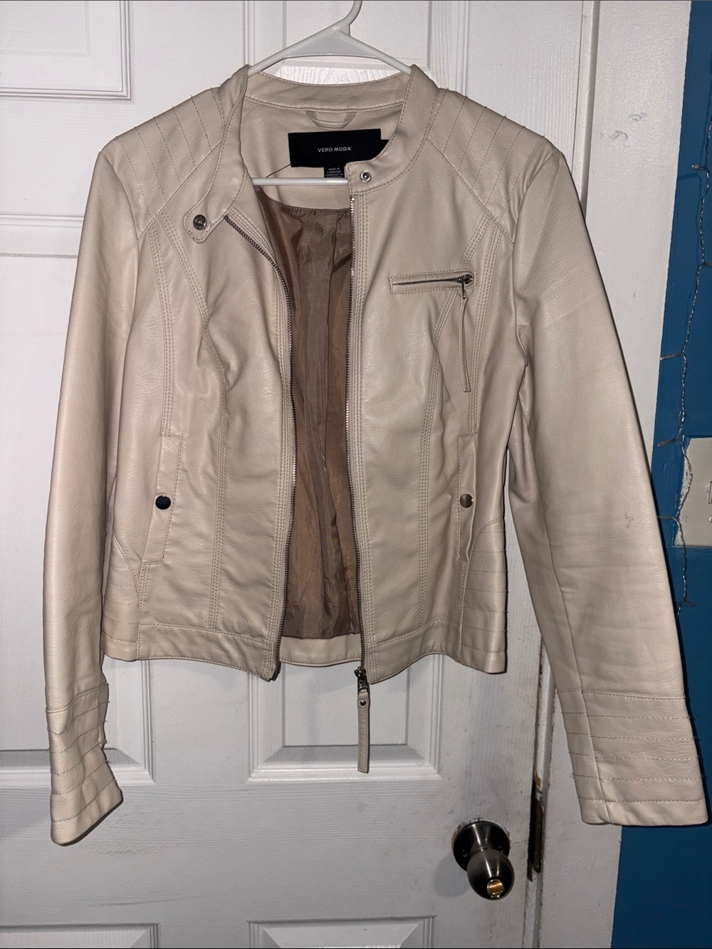 Vero Moda Light Cream Moto-Style Faux Leather Jacket
